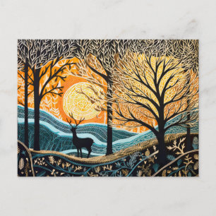 Herten in winterlandschap. Abstract linoleum bos Feestdagenkaart