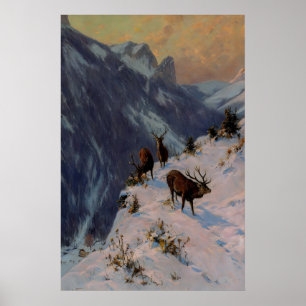 Herten in winters bergen Donkere Academics, Vintag Poster