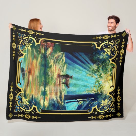 Herten in zonneschijn streak bos en water fleece b (In situ)