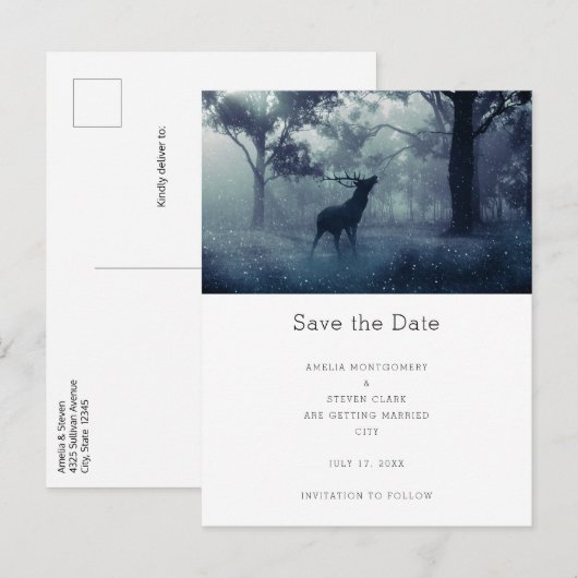 Herten met gewei in Shadowy Forest Wedding Aankondigingskaart (Voorkant / Achterkant)