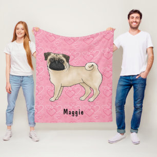 Herten Pug Hond Mopshond en Roze Harten Met Naam Fleece Deken