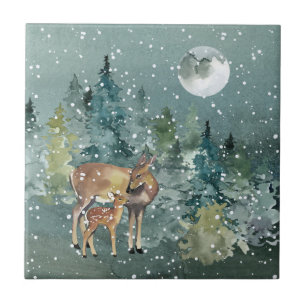 Herten Ree Bosmaan Volle Maan Sneeuwval Aquarel Tegeltje