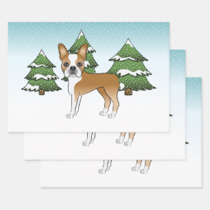 Herten Ree Boston Terrier In Een Winterbos Inpakpapier Vel