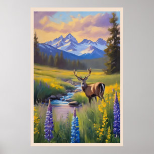 Herten Rocky Mountain Meadow Wildflower Schilderij Poster