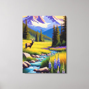 Herten Rocky Mountain Spring Meadow Sunshine Lupin Canvas Afdruk