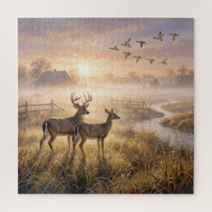 Herten staan aan een rivier bij zonsopgang legpuzzel