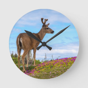 Herten Wandklok Kust Wilde Bloemen Wildlife Ronde Klok