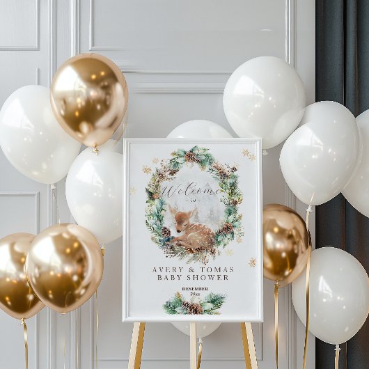 Herten Winter Woodland Baby shower Welkom Poster