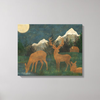 Hertenfamilie naast een stroom Cottagecore-schilde Canvas Afdruk
