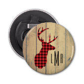 Hertenhoofd - rustiek rood geruite monogram button flesopener (Voorkant)