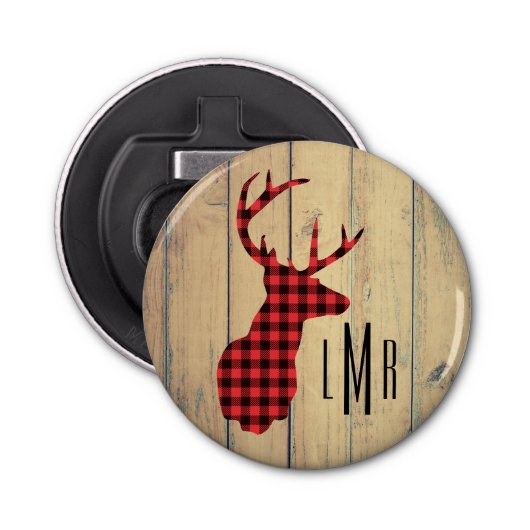Hertenhoofd - rustiek rood geruite monogram button flesopener (Voorkant)