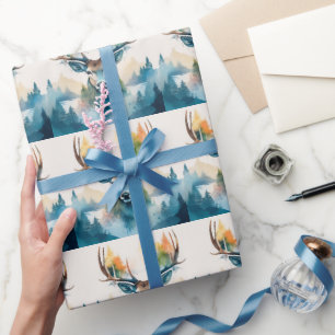 Hertenkop met gewei en bosbomen cadeaupapier