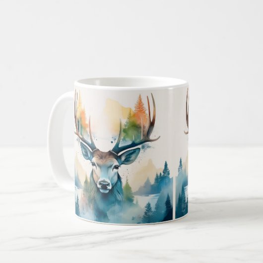 Hertenkop met gewei en bosbomen koffiemok (Voorkant links)
