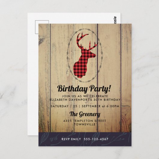 Hertenkop met gewei - rood geruit rustieke verjaar briefkaart (Voorkant / Achterkant)