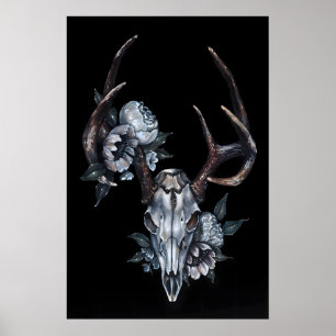 Hertenschedel met Bloemen- Giclee Print van