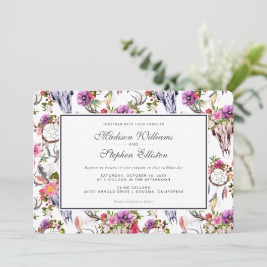 Hertenschedels, Bloemen & Droomvangers - Trouwen Kaart (Staand voorkant)