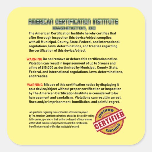 Het American Certification Institute Vierkante Sticker (Voorkant)