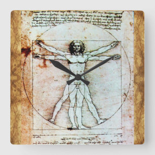 Het Antiek perkamentegment VITRUVIAN MAN Vierkante Klok