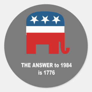Het antwoord op vraag 1984 is 1776 ronde sticker