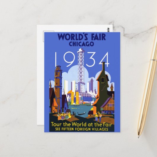 Het Art Deco Chicago 1934 World's Fair Poster Briefkaart (Voorkant / Achterkant in situ)
