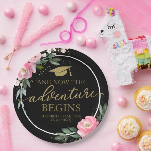 Het avontuur begint hete roze bloemenfeest Afstude Papieren Bordje (Feest)