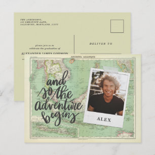 Het avontuur begint met foto-afstuderen invullen uitnodiging briefkaart