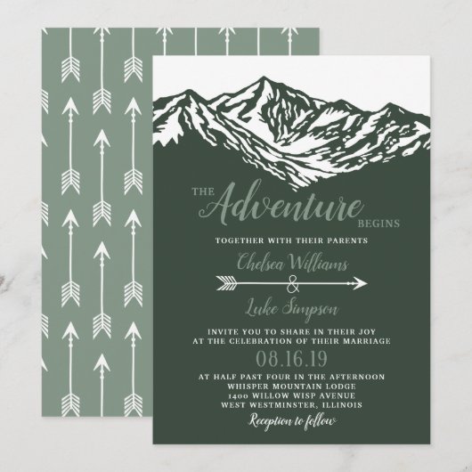 Het avontuur begint Mountain Wedding Green Kaart (Voorkant / Achterkant)