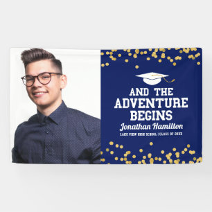 Het avontuur begint Navy Blue diploma feest foto Spandoek