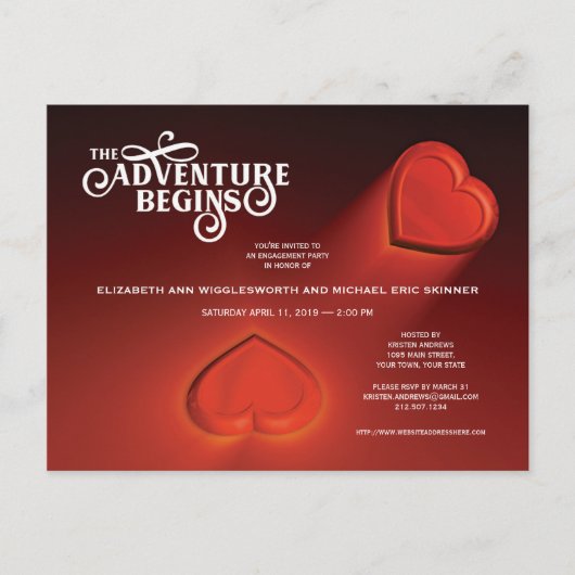 Het avontuur begint, twee harten rood Briefkaart (Voorkant)