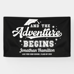 Het avontuur begint Zwarte diploma uitreiking fees Spandoek
