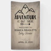 Het avontuur is buiten Baby shower | Rustisch hout Spandoek (Verticaal)