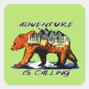 Het avontuur roept - het Beer Camping Bossen Mount Vierkante Sticker
