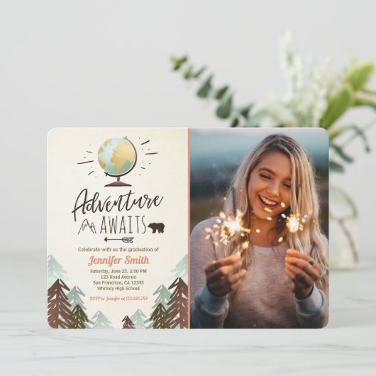 Het avontuur wacht Afstuderen uitnodigingen Reizen (Staand voorkant)