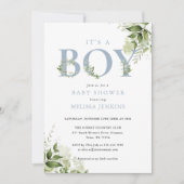 Het Baby shower van een Jongen Dusty Blue Greenery Kaart (Voorkant)