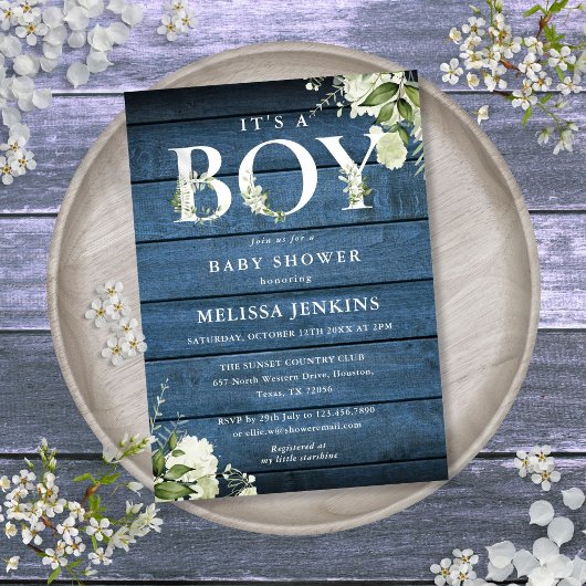 Het Baby shower van een jongen Greenery Blue Rusti Kaart