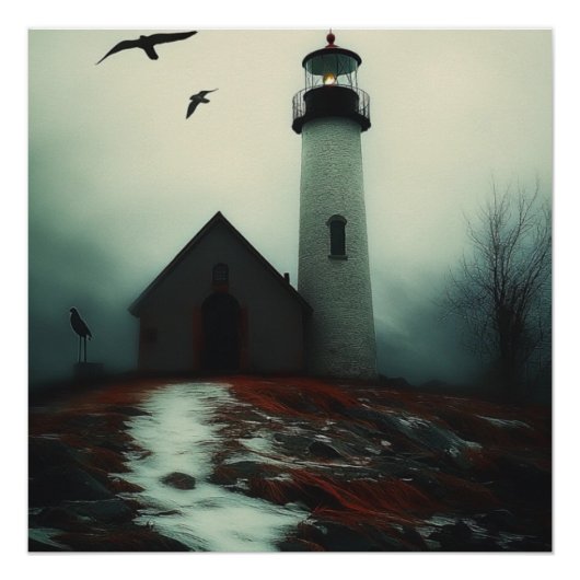 Het baken van eenzaamheid in de mist perfect poster (Voorkant)