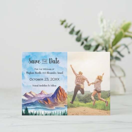 Het Berghuwelijk sparen de Datum met foto Save The Date (Staand voorkant)