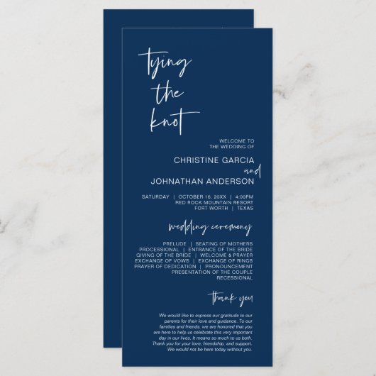 Het binden van de knoop, Modern Navy Blue Wedding  Programma (Voorkant / Achterkant)