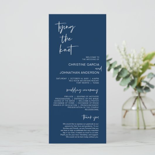 Het binden van de knoop, Modern Navy Blue Wedding  Programma (Staand voorkant)