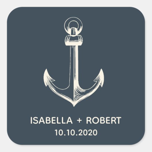 Het blauwe anker | Bruiloft Monogram Vierkante Sticker (Voorkant)
