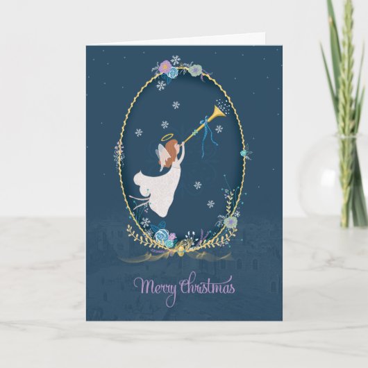 Het blauwe Wenskaart van de Engel van Kerstmis Feestdagen Kaart (Voorkant)