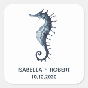 Het blauwe zeepaardje Bruiloft Monogram Vierkante Sticker