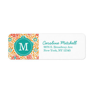 Het blauwgroen en Oranje Retro BloemenMonogram van Etiket