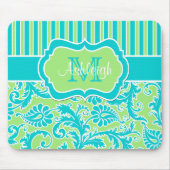 Het blauwgroene Witte Gestreepte Monogram Mousepad Muismat (Voorkant)