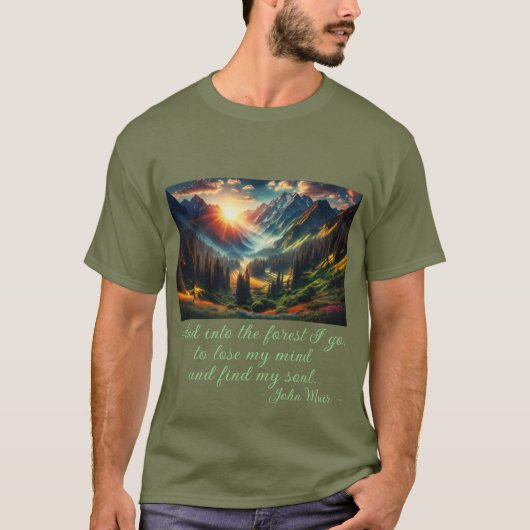 "...het bos in waar ik ga..." Mannen John Muir quo T-shirt (Voorkant)