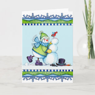 Het bouwen van een Snowman - Wenskaart Feestdagen Kaart
