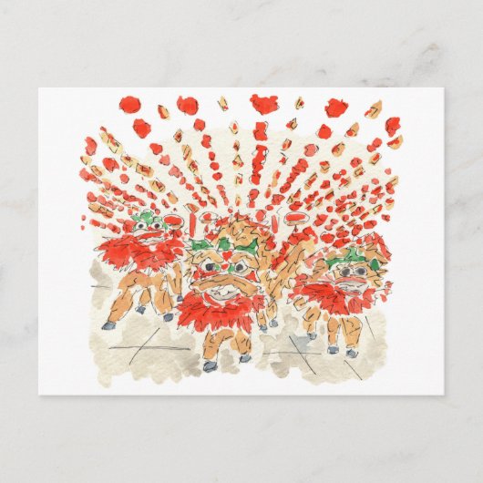 Het Briefkaart van de Chinese Lion Dance Waterverf (Voorkant)