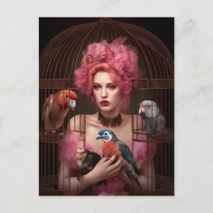 Het Briefkaart van roze gehaaide dame en vogels