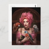 Het Briefkaart van roze gehaaide dame en vogels (Voorkant / Achterkant)