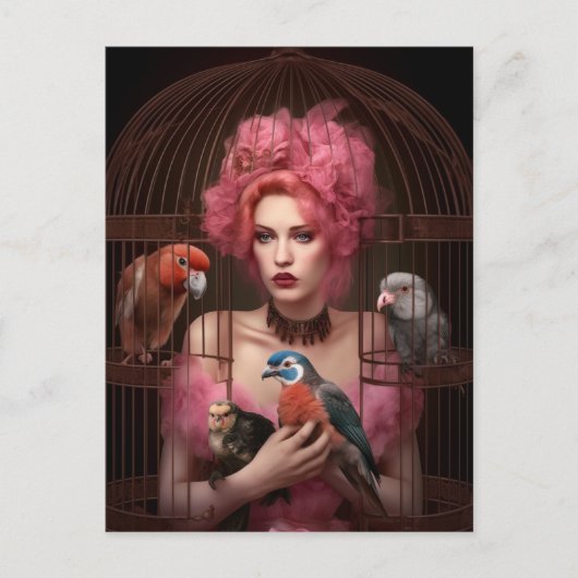Het Briefkaart van roze gehaaide dame en vogels (Voorkant)